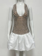 Crystal embellished halter mini dress on mannequin, front view