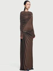 Ruched One Shoulder Long Sleeve Maxi Dress