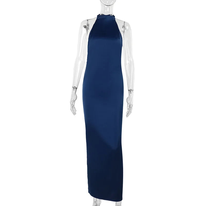 Navy blue halter neck dress on a mannequin against a white background
