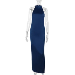 Navy blue halter neck dress on a mannequin against a white background