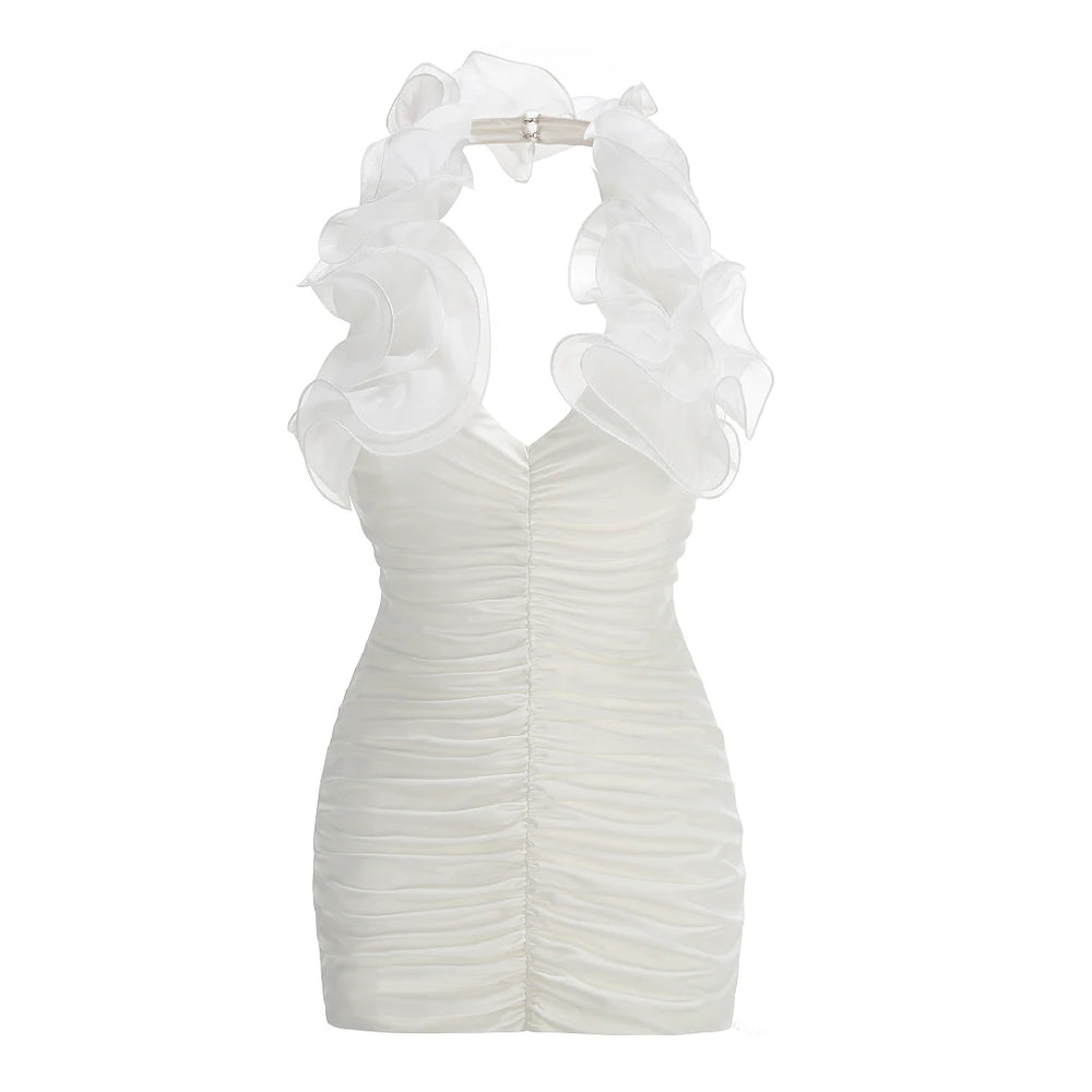 Ruffled neck halter mini dress front view