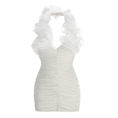 Ruffled neck halter mini dress front view