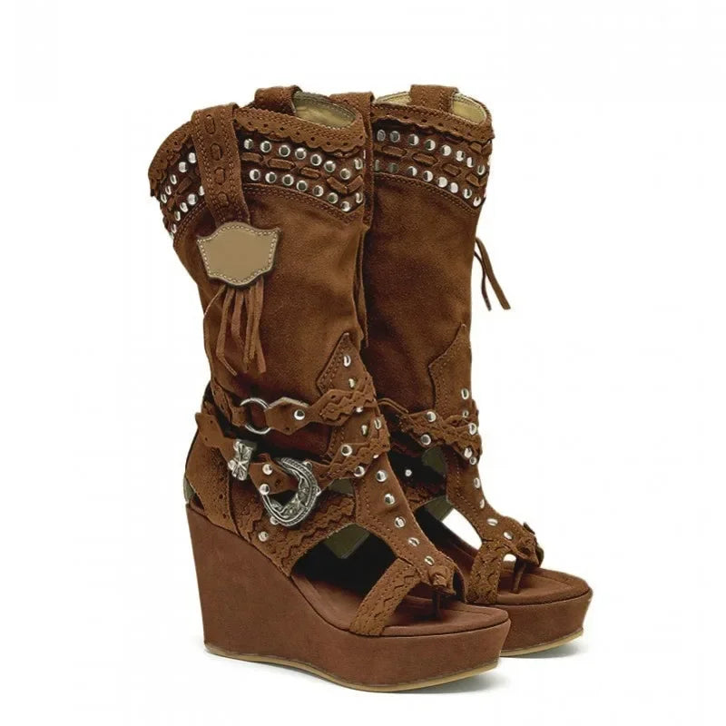 Brown studded tassel wedge boots with open toe