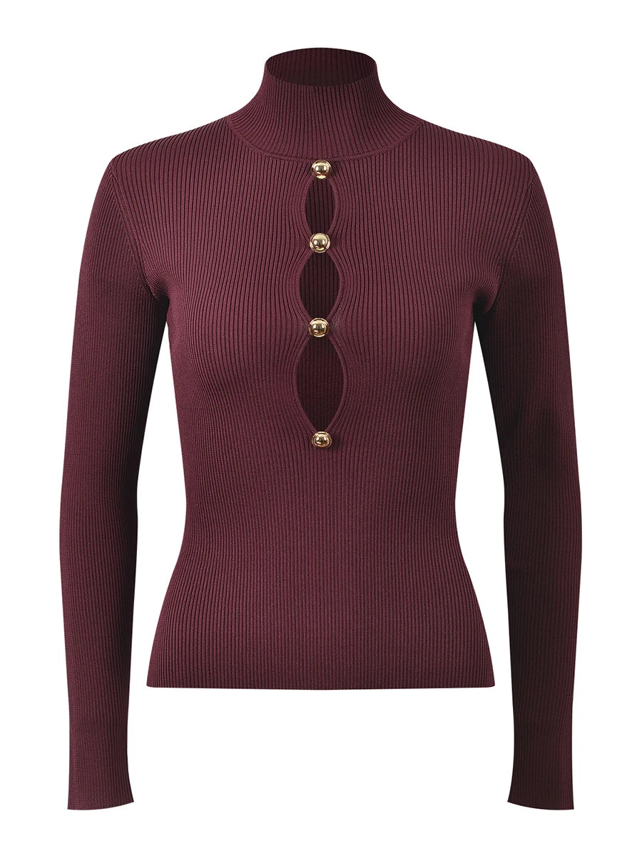 Maroon ribbed sweater with decorative buttons on a white background