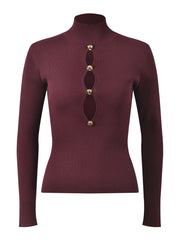 Maroon ribbed sweater with decorative buttons on a white background