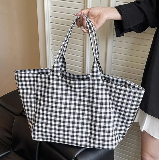 Person holding a black and white checkered tote bag indoors.