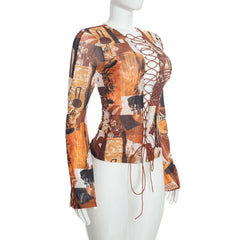 Printed Strap Tie-Up Long Sleeve Top