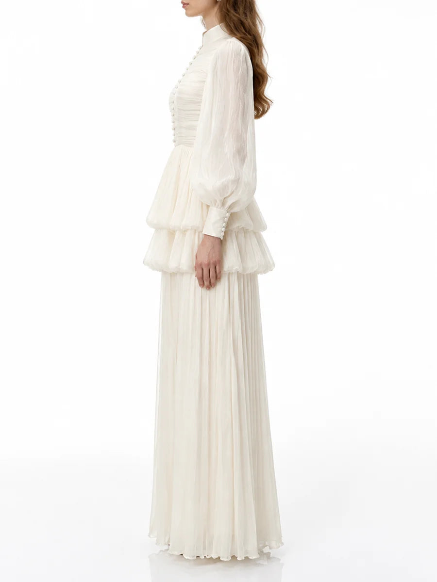 Stand collar lantern sleeve maxi dress side view