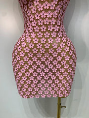 Pink Rhinestone Floral Applique Halter Neck Mini Dress