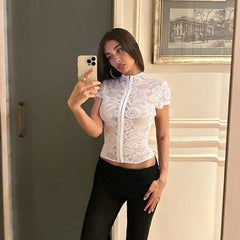 Cropped Lace Zip-Front Top with Short Sleeves