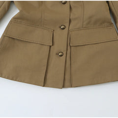 Brown Stand Collar Long Sleeve Pocket Jacket and Shorts Two Piece Set