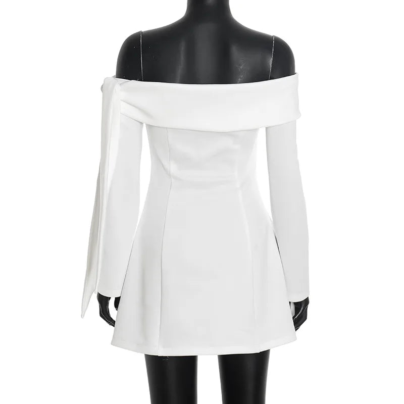 White off-shoulder dress on a mannequin against a white background