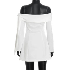 White off-shoulder dress on a mannequin against a white background