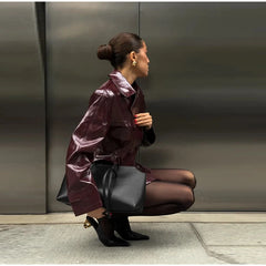 Faux Leather Lapel Jacket and Mini Skirt Set