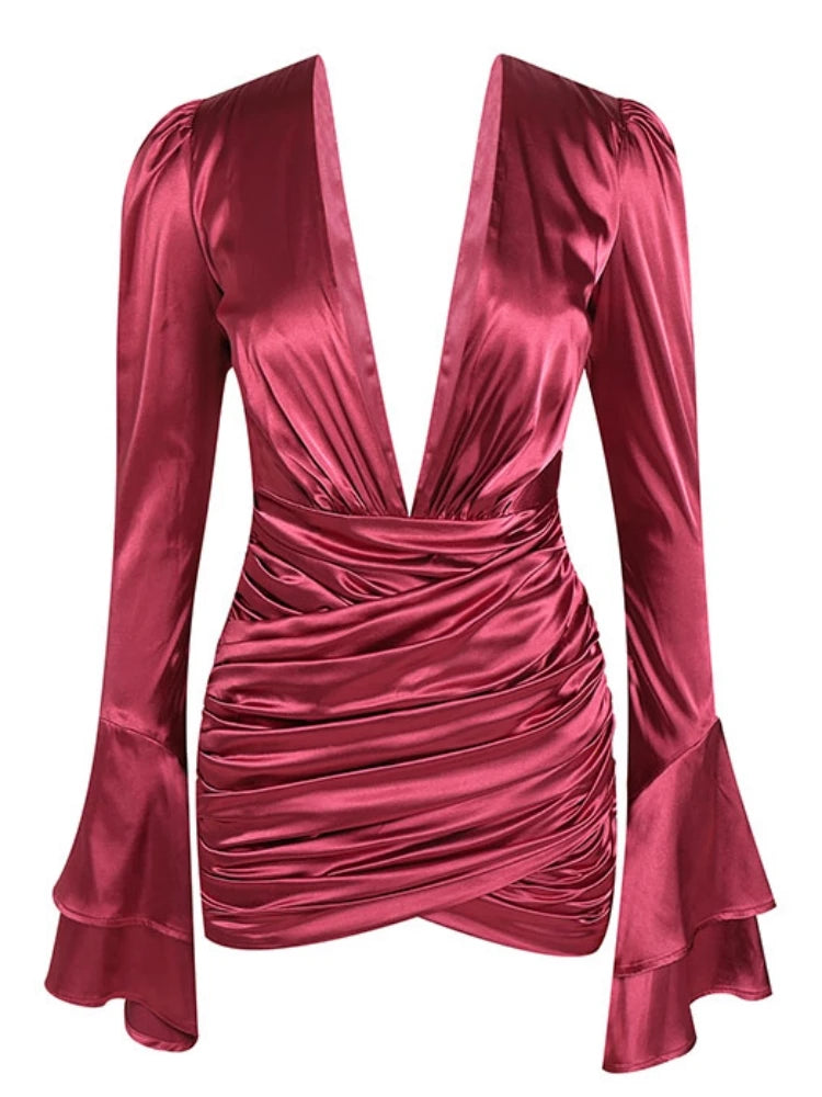 Red satin dress with long sleeves on a white background