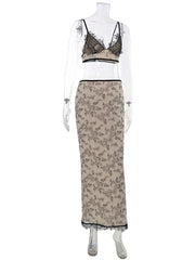 Lace Trim Floral Crop Top and Midi Skirt Set