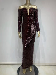 Burgundy Off Shoulder Mesh Sequin Maxi Gown