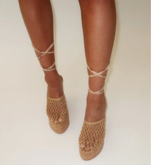 Beige net detail lace up wedge platform sandals