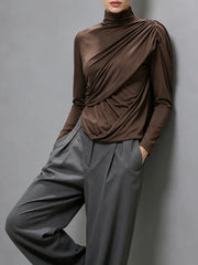 Brown Ruched Turtleneck Long Sleeve Top
