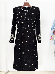 Beaded long sleeve midi dress in black