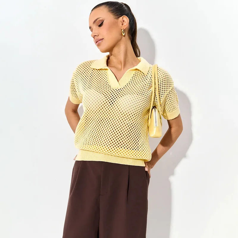 Hollow knit turn-down collar short sleeve top in yellow with accessory