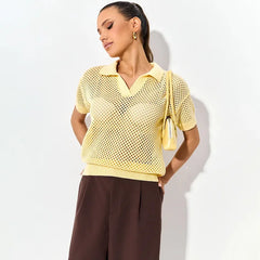 Hollow knit turn-down collar short sleeve top in yellow with accessory