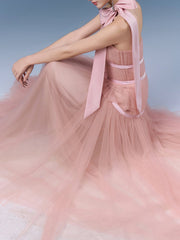 Pink Bow Detail Tulle Maxi Dress