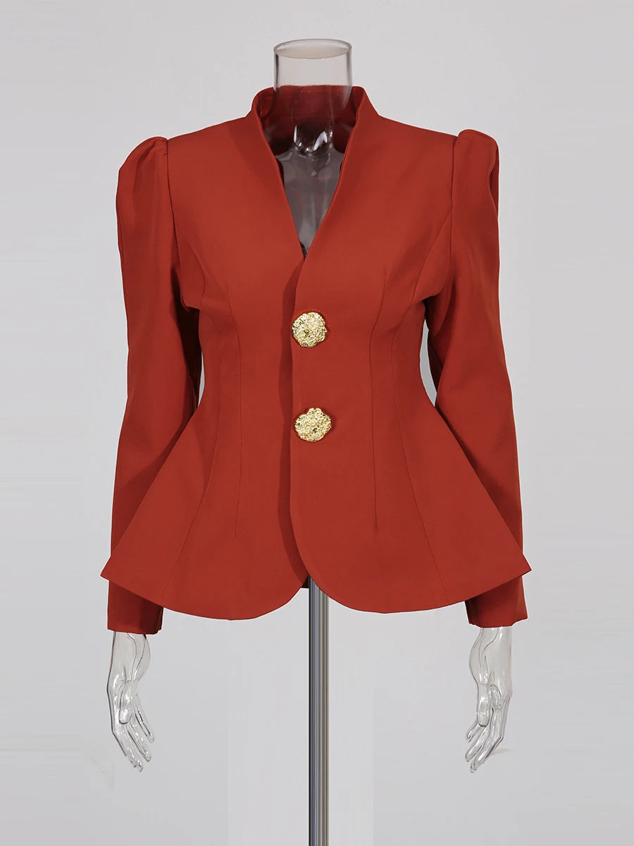 Red blazer with gold buttons on a mannequin against a white background