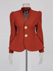 Red blazer with gold buttons on a mannequin against a white background