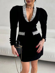 Velvet Pearl Beaded Puff Sleeve Mini Dress