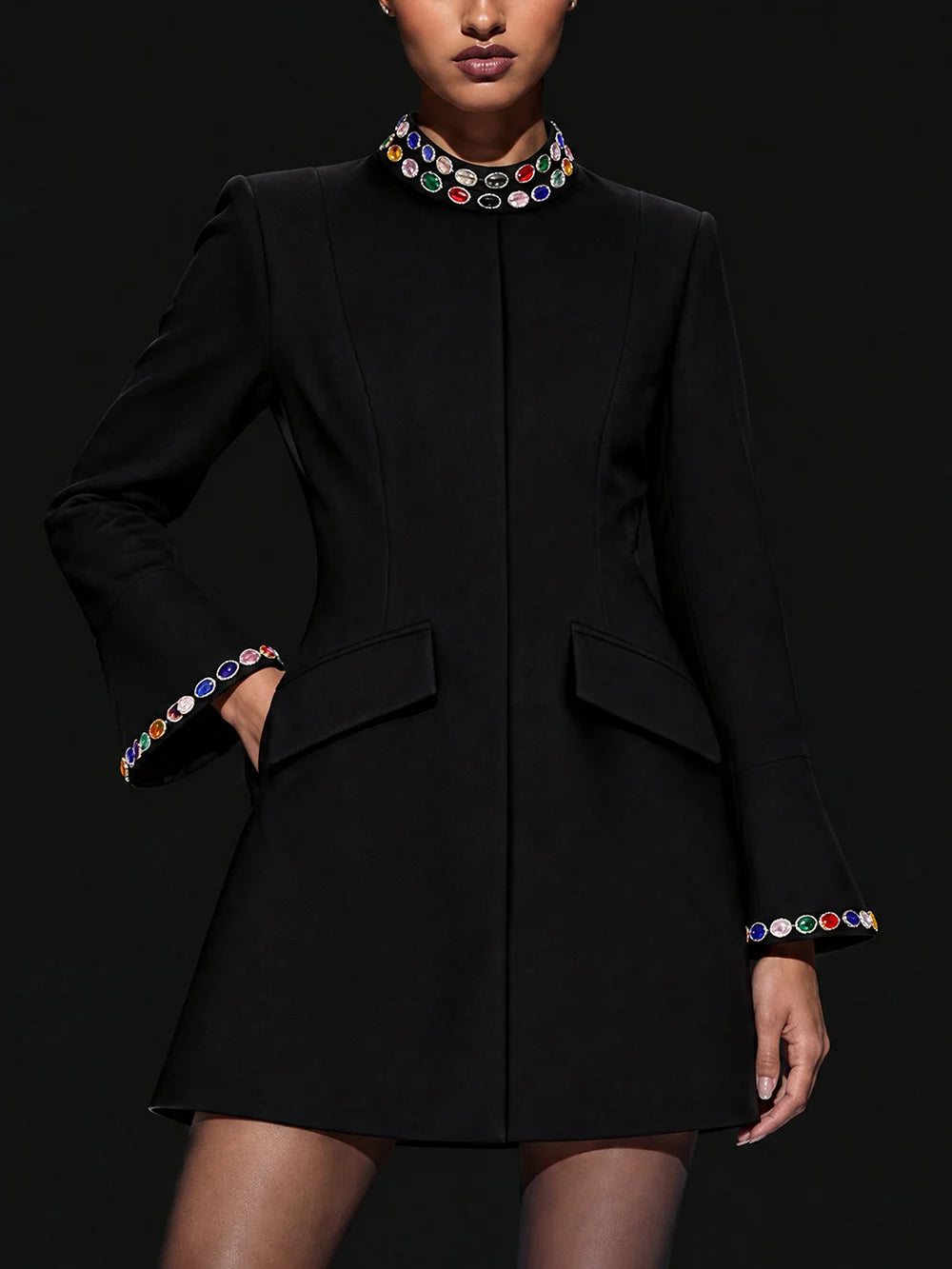 Black crystal embellished stand neck mini dress detail