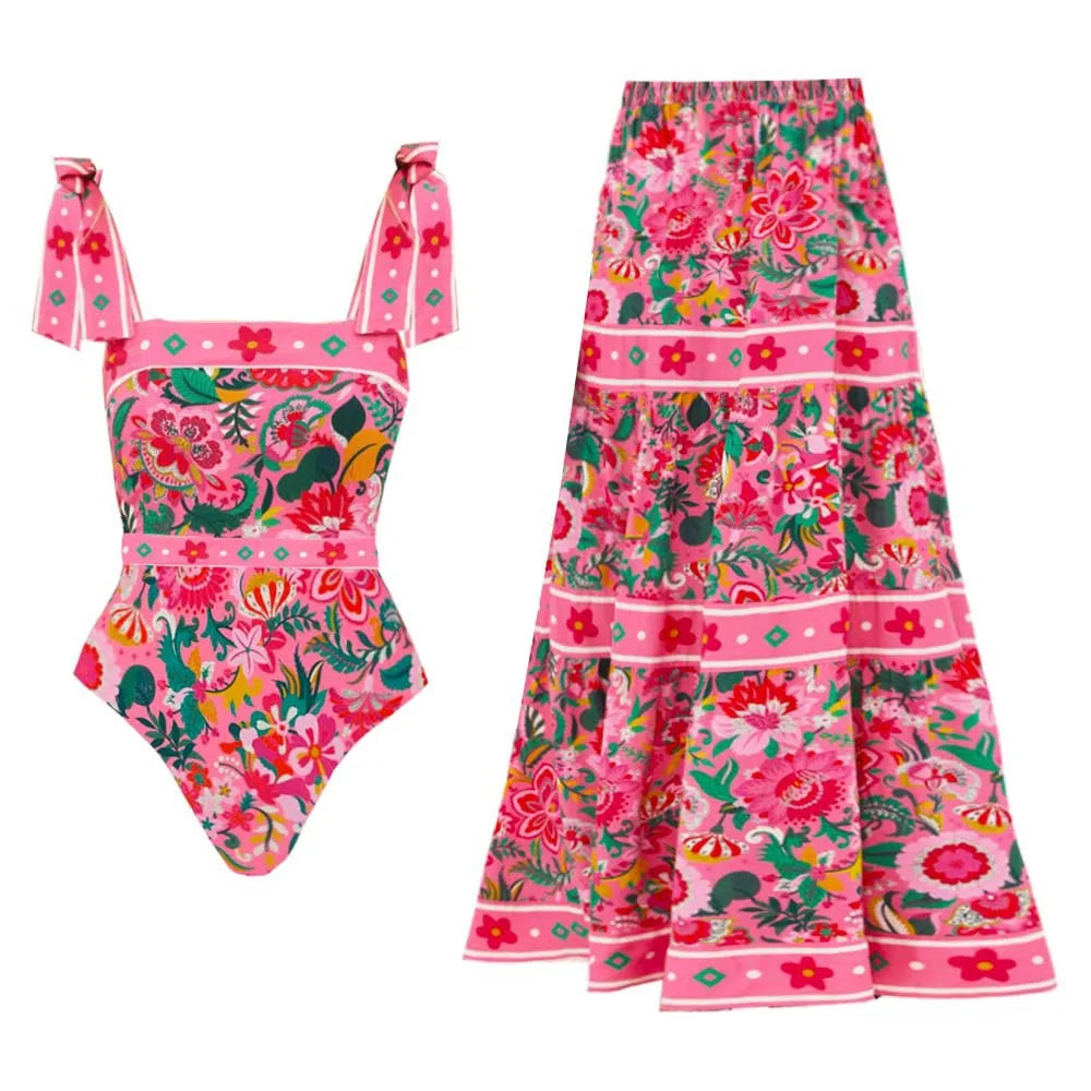 Floral print one-piece swimsuit and matching tiered skirt.
