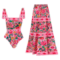 Floral print one-piece swimsuit and matching tiered skirt.