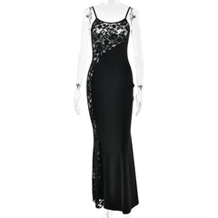Black evening gown with floral lace detailing on a white background