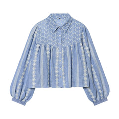 Blue embroidered puff sleeve casual blouse