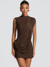 Brown draped mock neck mini dress