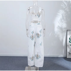White Floral Print Corset and Wide Leg Pants Set