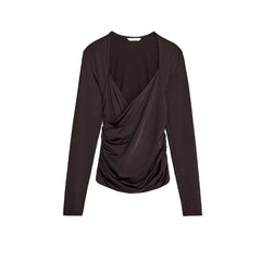 Long Sleeve V-neck Sold Drape Top