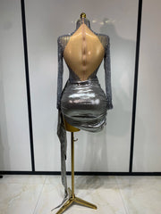 Sequin Sheer Long Sleeve Turtleneck Metallic Draped Mini Dress