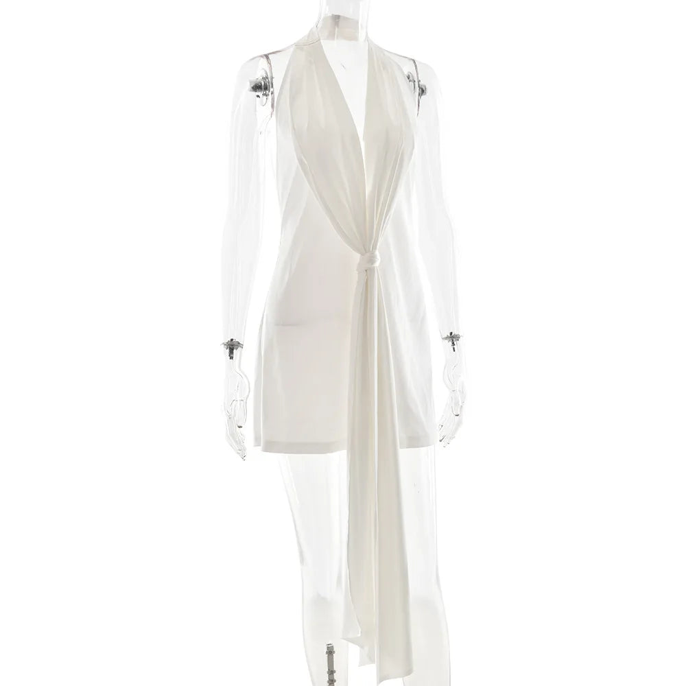 White sleeveless top on a mannequin against a white background