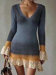 Patchwork lace knit mini dress with deep v-neck and flare sleeves