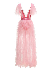 Pink V-Neck Ruffle Tulle High Slit Dress