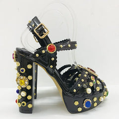 Black embellished platform chunky heel sandals with gemstone details