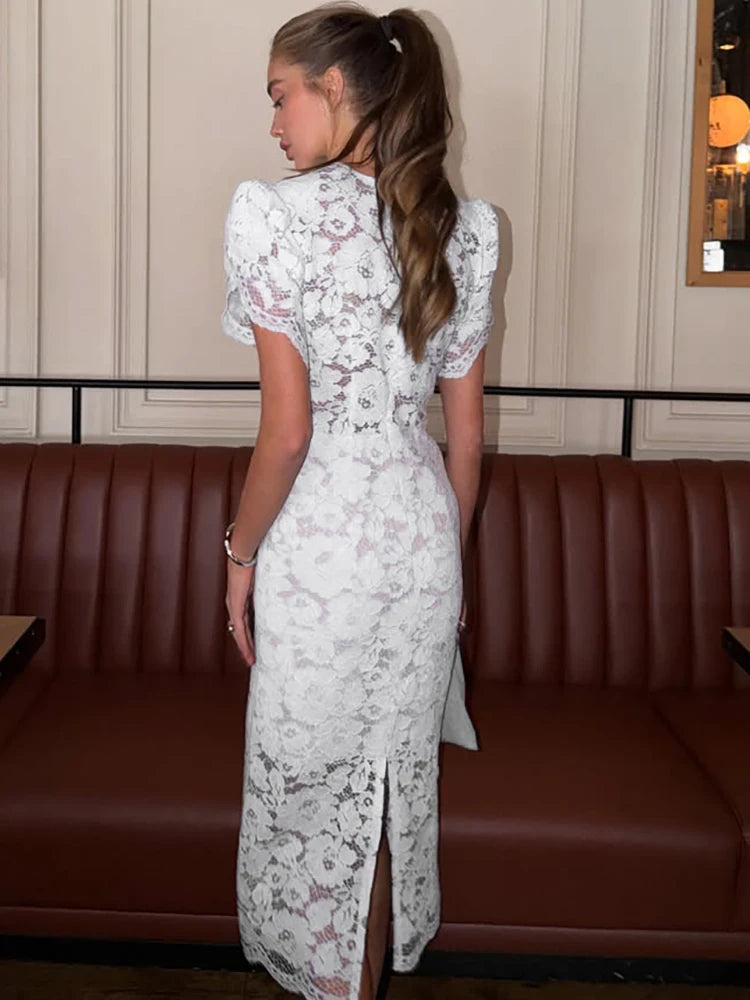 Lace Puff Sleeve V-Neck Maxi Dress