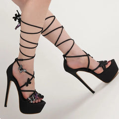 Black Criss Cross Butterfly Strap Platform Heels