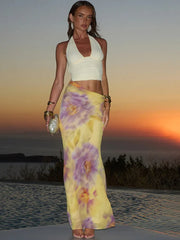 Halter V Neck Print Cut Out Maxi Dress