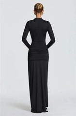 Draped Ruched Front Hollow Out Long Sleeve Maxi Dress