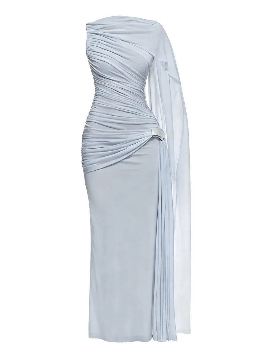 Elegant ankle length dress shown with soft draped cape