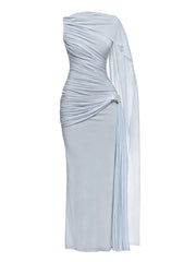 Elegant ankle length dress shown with soft draped cape