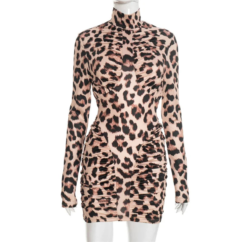 Leopard print dress on a mannequin against a white background